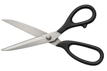 Fototapeta premium Stainless steel scissors with black grip opening, transparent background