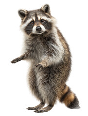 Obraz premium Curious Raccoon: A charming raccoon stands upright, its masked face and fluffy tail capturing attention against a plain backdrop, expressing inquisitiveness and alertness.