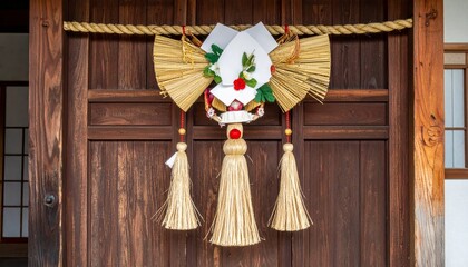 玄関のドアに下げられたしめ飾り 