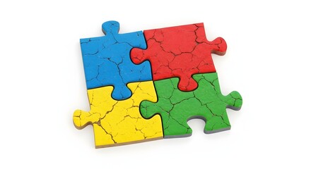 Four vibrant, interlocked puzzle pieces in blue, red, yellow, and green, arranged on a clean white background, representing unity and problem-solving.