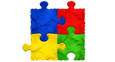 Four brightly colored interconnected jigsaw puzzle pieces forming a square shape on a white background.