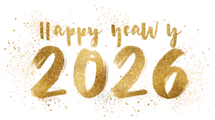 Modern Minimalist Happy New Year 2026 Gold Line Art Text on Transparent Background