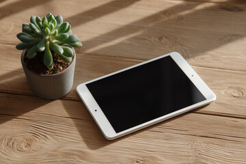 木製テーブルの上に置かれた白いタブレットと多肉植物