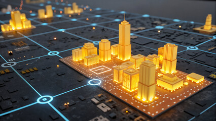 Glowing golden cityscape on digital circuit board network, concept of smart city technology and future urban development