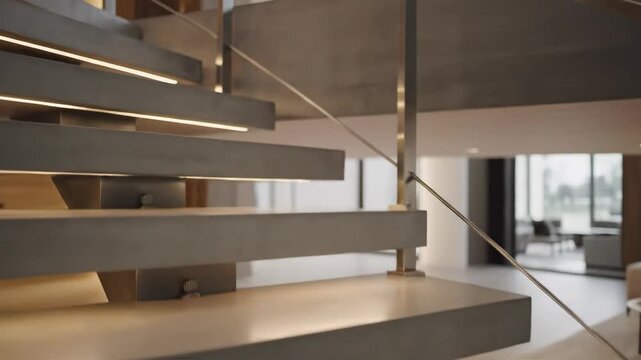 Modern Illuminated Staircase - A close-up shot showcases a contemporary staircase design with floating steps and integrated lighting.