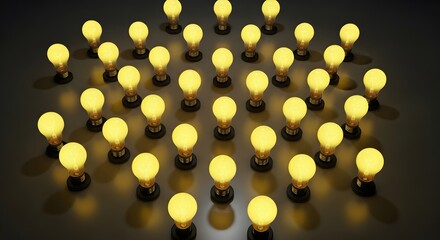 A grid of many glowing yellow light bulbs illuminating a dark surface, symbolizing ideas or innovation.