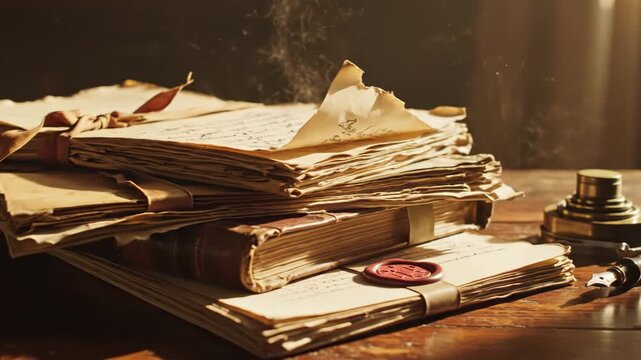Vintage Documents and Letterpress - This video captures a stack of old, handwritten letters and a bound book, tied with ribbons and sealed with wax, resting on a wooden surface.