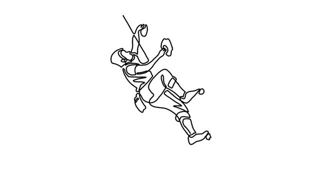 Continuous line animation of man climbing on cliff mountain
