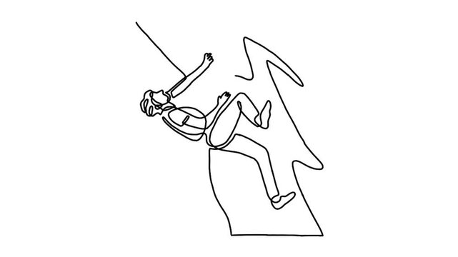 Continuous line animation of man climbing on cliff mountain
