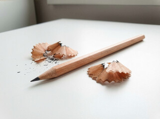 Sharpened Wooden Pencil with Shavings on White Surface
