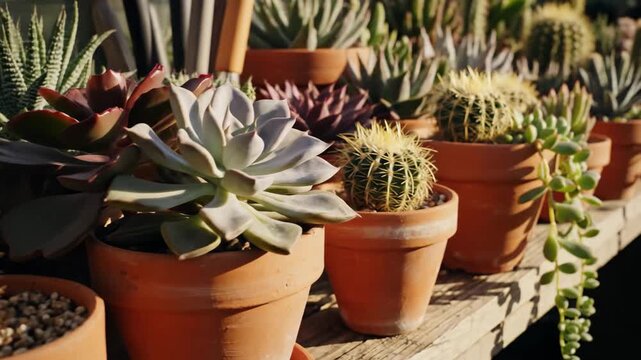 Succulent and Cactus Collection in Terracotta Pots - A close-up shot of various succulents and cacti plants arranged in terracotta pots on a wooden shelf.
