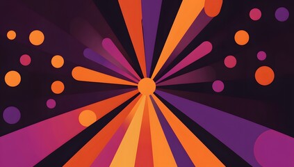 Abstract geometric background with vibrant light rays and floating circles in orange and purple tones