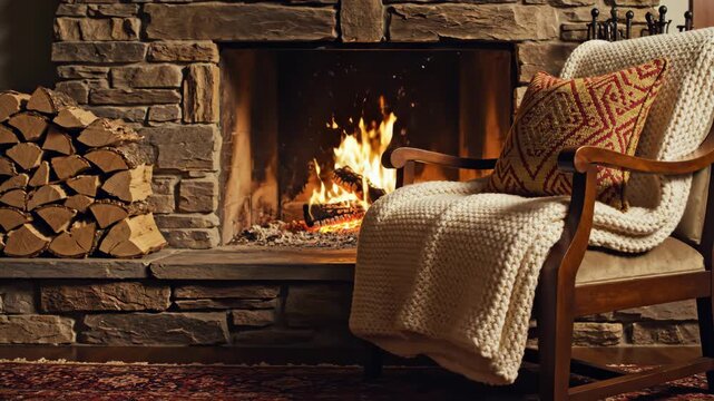 Cozy Fireplace Scene with Armchair and Blanket - A warm and inviting scene featuring a crackling fireplace, with a stack of logs nearby.