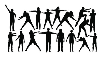 a collection of diverse human figures depicted in black showing various poses and actions in a silhouette