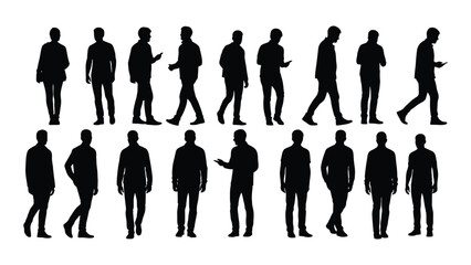 a collection of diverse male figures in various poses and stances depicted as a striking black silhouette