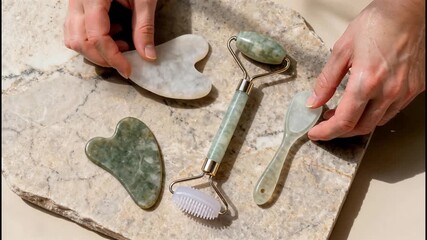 Elegant jade facial roller and gua sha tools arranged for beauty rituals