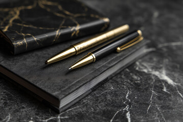 黒い大理石の上に並べられた高級ペンのセット