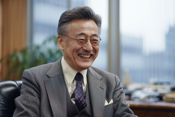 口ひげのある白髪の日本人ビジネスマンがオフィスで笑顔を見せる