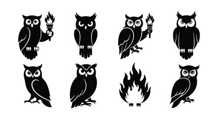 Obraz premium Black and white illustration featuring owls holding torches and a flame icon