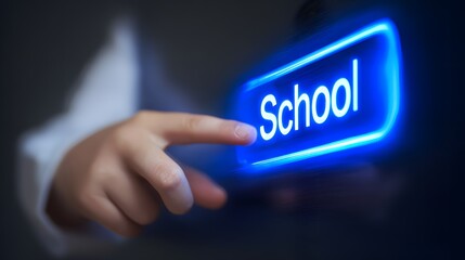A child s finger presses a glowing blue digital button labeled school in a dark futuristic environment