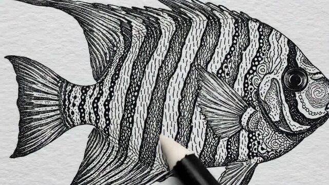 Intricate Fish Illustration - A detailed black and white illustration of a striped fish is presented on textured paper. A drawing tool is placed near the fish, likely used to create the artwork.