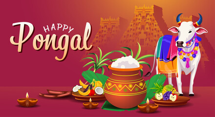 Happy Pongal Illustration with Traditional Pongal Pot, Sugarcane, Fruits and Decorated Cow in Festive Tamil Harvest Celebration Scene