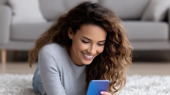 Woman using smartphone smiling indoors floor level shot