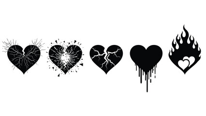 Illustration of set of five black heart icons showing different states of damage and emotion