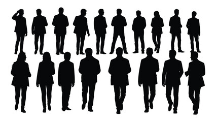 a collection of diverse figures in formal attire standing together depicted as a striking black silhouette