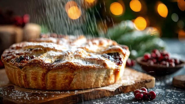 Festive mince pie sprinkled with icing sugar and cranberries against bokeh holiday lights