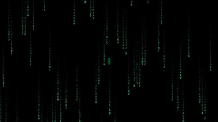 Digital Rain Code Falling on Black Screen with Green Characters Abstract Technology Background.