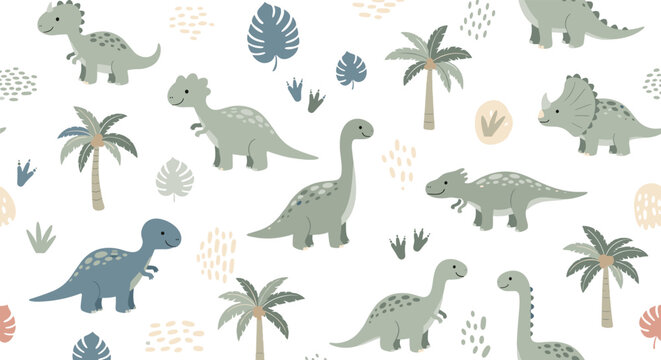 Cute cartoon dinosaurs and tropical foliage in a seamless pattern, perfect for children's designs, fabrics, and nursery decor.