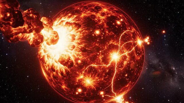 Exploding Star in Deep Space - This video shows a giant red sphere engulfed in fiery explosions, possibly a dying star or planet.