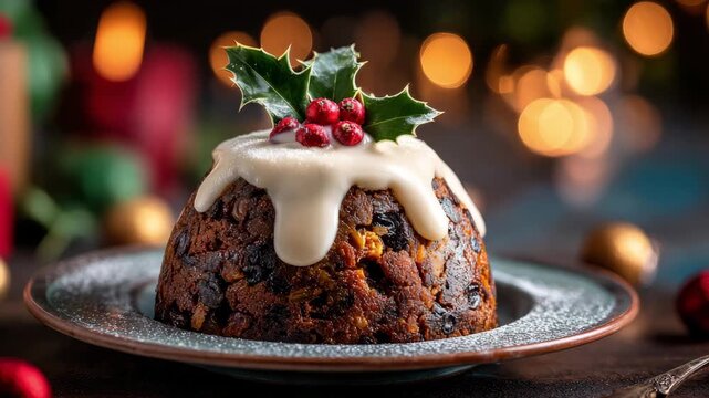 Christmas pudding prepared with cream and holly leaves, ready to be served during festive holiday celebrations