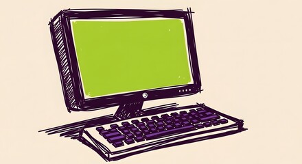 A hand-drawn sketch of a desktop computer setup with a monitor displaying a green screen and a keyboard.