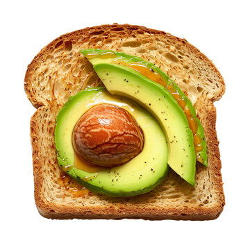 Slice of toasted bread with vegemite and avocado isolated on a transparent background