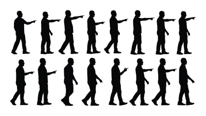 a sequence of human figures depicted in various walking poses illustrating motion and progression silhouette