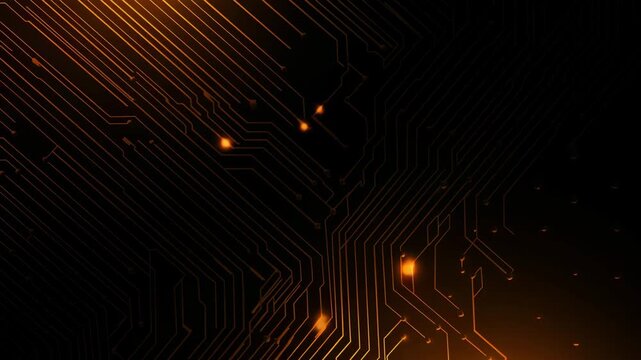 Glowing orange lines and dots representing abstract digital data flowing on a circuit board