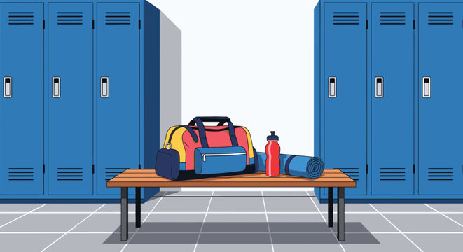 Gym locker room scene with a duffel bag, water bottle, and rolled-up mat on a bench.