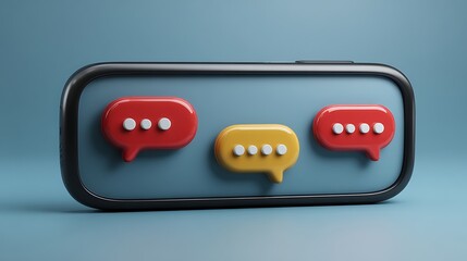 3D phone screen displaying colorful dialogue bubbles representing communication, online chat
