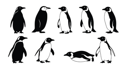 Obraz premium Collection of monochrome penguin silhouettes in various poses and perspectives