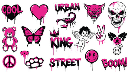 Obraz premium Illustration of set of pink and black graffiti style stickers and icons