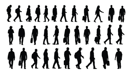 a collection of diverse human figures depicted in various walking poses showing a dynamic sense of motion silhouette