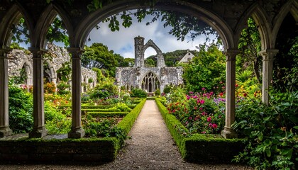 Fototapeta premium A picturesque stone arch frames a garden path leading to a historic, weathered stone structure, surrounded by lush vegetation