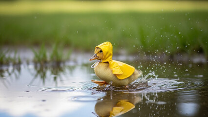 Adorable baby duckling wears a bright yellow raincoat and hood, splashing playfully while running through a puddle on a rainy day. Ready for adventure and the spring season.