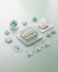 Modern 3D illustration of H1B visa work permit process with globe, chip and application icons in soft mint colors