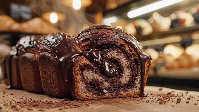 Fresh Chocolate Babka Bread - A close-up shot shows a freshly baked chocolate babka with melting chocolate on top.