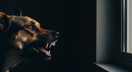 夜の部屋で不審な物音に警戒して唸る番犬と暗いコピースペース