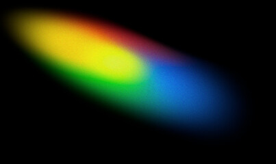 Retro diagonal oval rainbow light blur with film grain texture black background