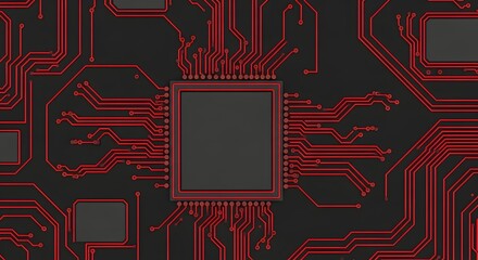 A close-up view of a dark grey circuit board with intricate red pathways and a central square microchip.